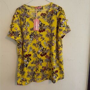 Liz & Lilli short sleeve scoop neck blouse yellow, blue and pink floral size 2X